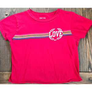On Fire Womens Love Crop Top T Shirt Large Rainbow Stripe Graphic Pride Baby Tee